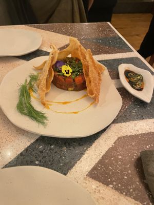 My favorite dish of the evening! A watermelon tatar with lots of umami taste!  #Veganuary at El Mundo Restaurante in Mexico City