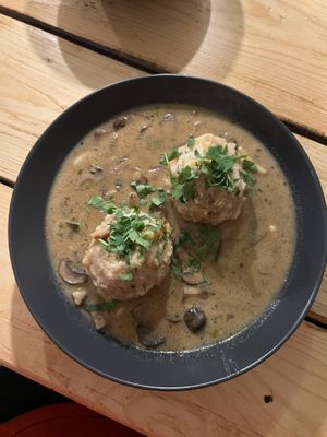 Main dish: Bread dumplings with creamed mushrooms #Veganuary at Seenswert - Vegane Pension und Ferienwohnungen am Ammersee in Paehl