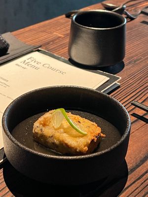 Ganmodoki
tofu. edamame. carrot. mountain yam. hijiki seaweed. shiitake mushroom sesame seeds. thick coulis
 at KUKI Vegan in Kuala Lumpur