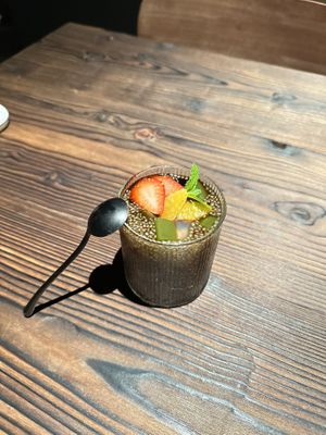 Chia seed dessert (agar, fruit, red bean, cashew cream, brown sugar syrup)  at KUKI Vegan in Kuala Lumpur