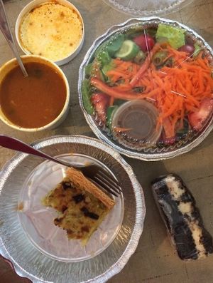 Amazing artichoke tapenade and red pepper quiche, with a summer vegetable soup and house salad at Brews N Bytes Internet Cafe and Eatery in Danville