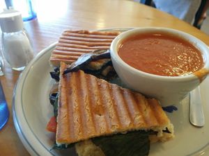 vegan pannini with red pepper soup at GoodLife Cafe and Bakery in Mendocino