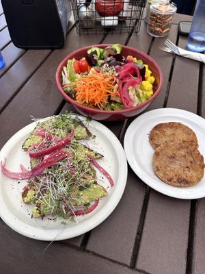 Avocado toast, vegan sausage, and salad  at GoodLife Cafe and Bakery in Mendocino