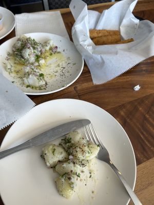 vegan potato salad and fried pickle spears  at Squires Corner Kitchen in Lexington