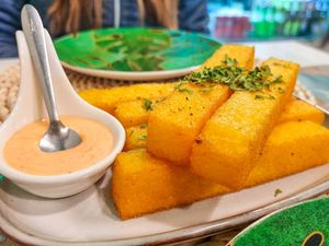 Sublime Polenta chips - they go so well with the homemade chilli dip! #Veganuary at Alma Veg  in Carcavelos
