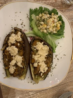 Delicious eggplant  baked with vegan cheese,   at Los Padmitos - San Marcos in Quito