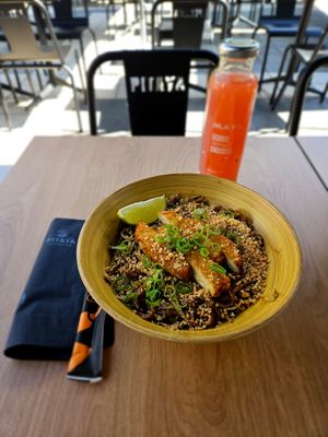 Vegan Pad Thai with crunchy veggies (chicken strip substitute) and a guava juice. at Pitaya in Andorra La Vella