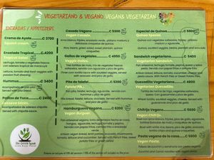 Veggie menu  at The Green Spoon in La Fortuna