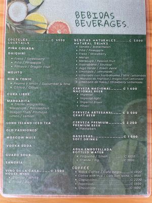 Drinks menu  at The Green Spoon in La Fortuna