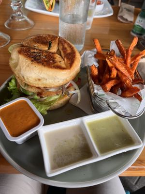 Vegan burger with sweet potato friess  at The Green Spoon in La Fortuna