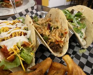 A variety of soft shell tacos, from left to right: beef taco, Mongolian taco, steak Caesar taco  at UnBEETable  in Schenectady
