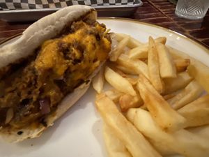 Chili Cheese Dog. The order comes with 2 hot dogs (you can pick any 2 from the 3 available flavors) and twice as many fries (or other side of choice) as shown here.   at UnBEETable  in Schenectady