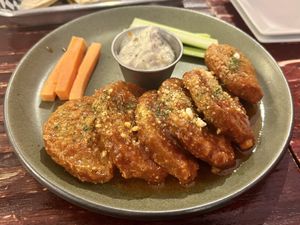 Three-way seitan wings (buffalo, barbecue, and garlic park COMBINED)  at UnBEETable  in Schenectady