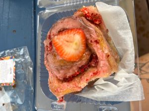 Closer up image of vegan strawberry cinnamon roll at Imo's Bakery - Pre Order Only in Leesburg