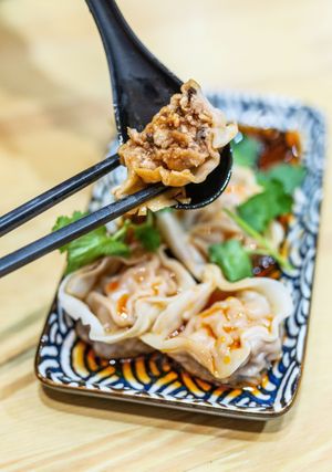 Plant-based Mince Dumplings in Chili Oil at Yun Gui Chuan Rice Noodle 雲貴川米線 in East London