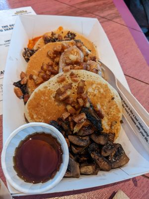 All day breakfast loaded pancake stack at Planet G in Edinburgh