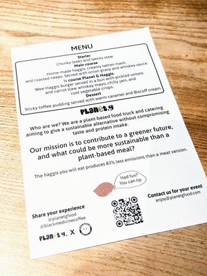 Burns Night menu at Planet G in Edinburgh