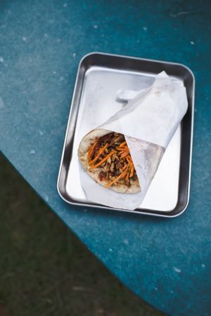 The Mediterranean. Hummus, roast red pepper, doner bean curd, sundried tomato sauce, marinated carrots and crispy onions  at Planet G in Edinburgh