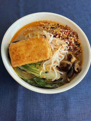 Spicy mushroom miso ramen with added tofu  at Cottage St Ramen in Bar Harbor