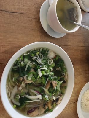 Vegan Pho Soup with tofu, mushrooms, and rice noodles  at Pho St in Budapest