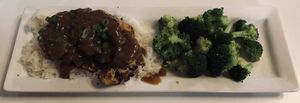 Cauliflower Steak with Mushroom Sauce on Rice with Broccoli  at June Bug Cafe in Midpines