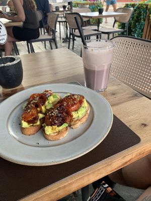 Avocado and grilled toms toast  at Papaya Cafe in Santa Maria