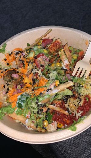 Grains bowl with basmati rice, black lentils, red pepper hummus, falafel, tomatoes, cucumbers, pita crisps, corn, harissa hummus, skhug dressing  at CAVA in Fredericksburg