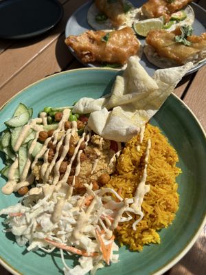 Vegan bowl - turmeric rice, chickpeas  at Stanley Park Brewing in Vancouver