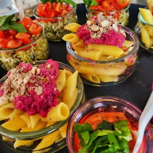 Pasta con crema alla barbabietola. Riso al pesto vegan con pomodorini at Fadama Bar - Via Lombardia in Brescia