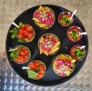 Gazpacho, pasta con barbabietola, riso al pesto con pomodorini at Fadama Bar - Via Lombardia in Brescia