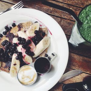 Vegan buckwheat pancakes with vanilla coconut yoghurt at Dangerous Kitchen in Takaka