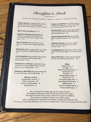 Breakfast & Lunch Menu Dec 2019 at Dangerous Kitchen in Takaka