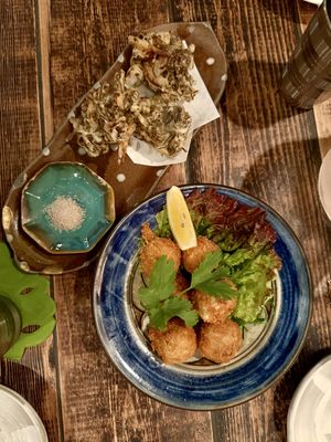 veg croquettes and seaweed tempura  at Asian Chample Foods Goya in Kyoto