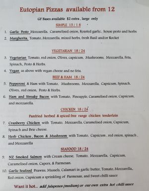 Pizza menu ~ Vegan cheese is an option at Eutopia Cafe in Kaiwaka