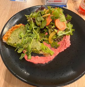Vegan pea tart with beetroot hummus and lemon salad   at Maraboon Tavern  in Emerald