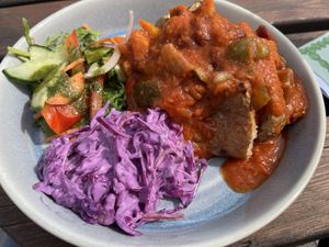 Jacket potato and chilli  at Newfold Farm Cafe in Edale