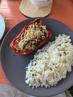 bell pepper stuffed with soy mince and vegan mozz at Terra Fogo in Sao Miguel