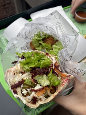 Falafel pita sandwich and papas fritas combo (3600 pesos)  at Veggie Medio Oriente in Buenos Aires