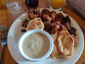 Vegan biscuits and gravy - delicious! at Sunnyside Diner - SW 89th in Oklahoma City