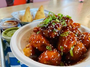 Sesame gobi and samosas.  at Yeti Kitchen in Lansing