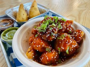 Sesame gobi and samosas.  at Yeti Kitchen in Lansing