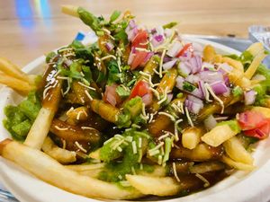 French Fry Chaat - Vegan without yogurt.  at Yeti Kitchen in Lansing