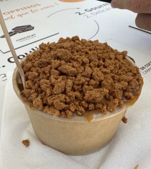 Coconut milk caramel sauce and crumbled Biscoff cookies as toppings!  at Bount'iti in Tahiti