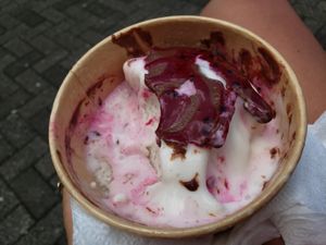 Ice cream with chocolate and dragon fruit sauce (half eaten) at Bount'iti in Tahiti