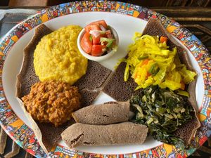 Ethio Vegan Platter with Injera at Abol Cafe in Louisville
