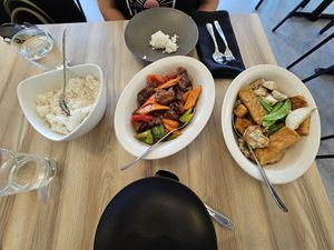 Coconut rice, ginger beef, and oyster mushroom dish(forgot  the name) at Padmanadi Vegan Eatery in Calgary