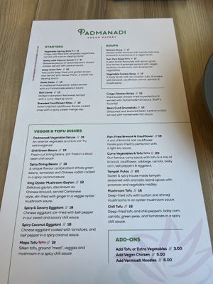 Menu fromt  at Padmanadi Vegan Eatery in Calgary