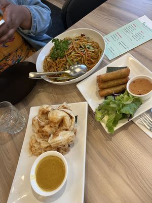 roti canai, spring rolls and bakmi goreng   at Padmanadi Vegan Eatery in Calgary