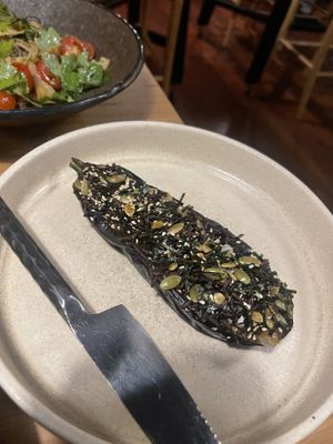 Sticky sweet eggplant with pepiras   at Koji in Wellington