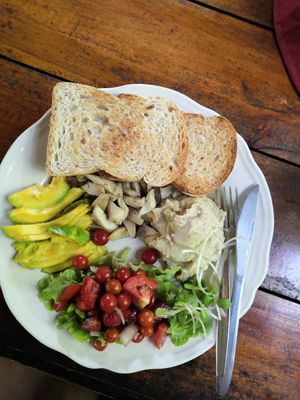 Toast with hummus & avocado & mushrooms at Om Garden Cafe in Pai